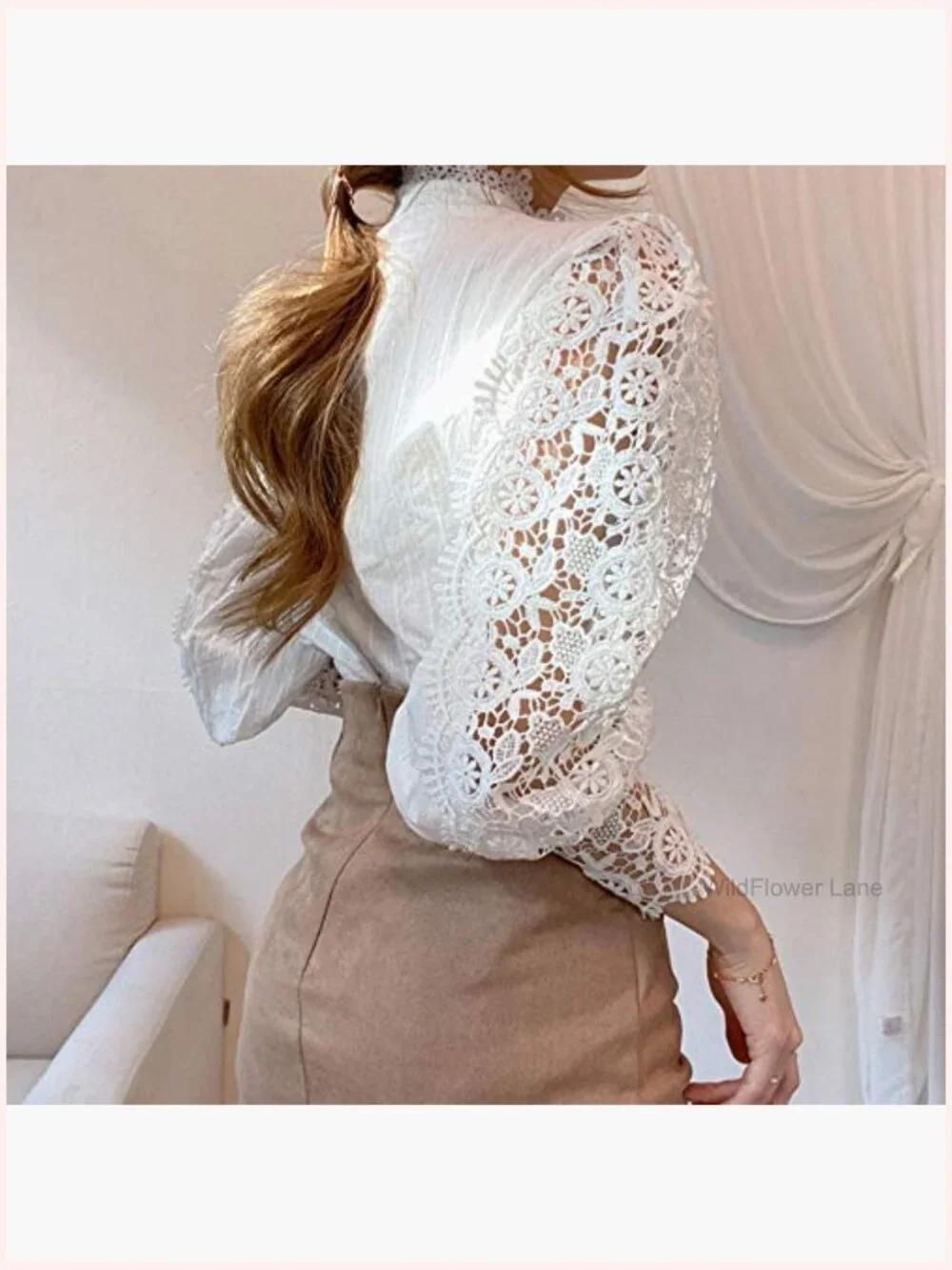 Elegant Lace Trim Victorian Blouse Long Sleeve Button Down Tops - Picture 4 of 7